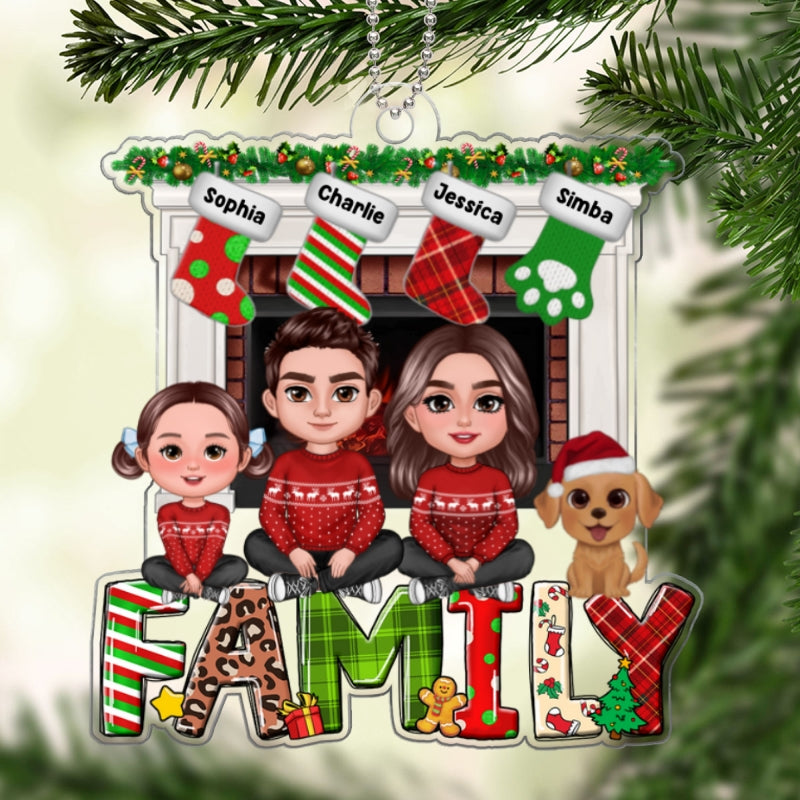 Family Dad Mom Kids Dogs Cats Crossed Legs Sitting On Word At Fireplace Personalized Acrylic Ornament