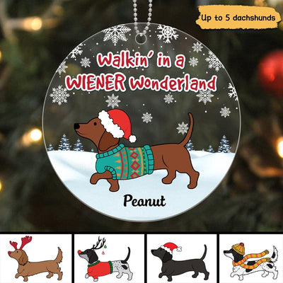 Dachshunds Walking In Wiener Wonderland Snow Background Personalized Acrylic Ornament
