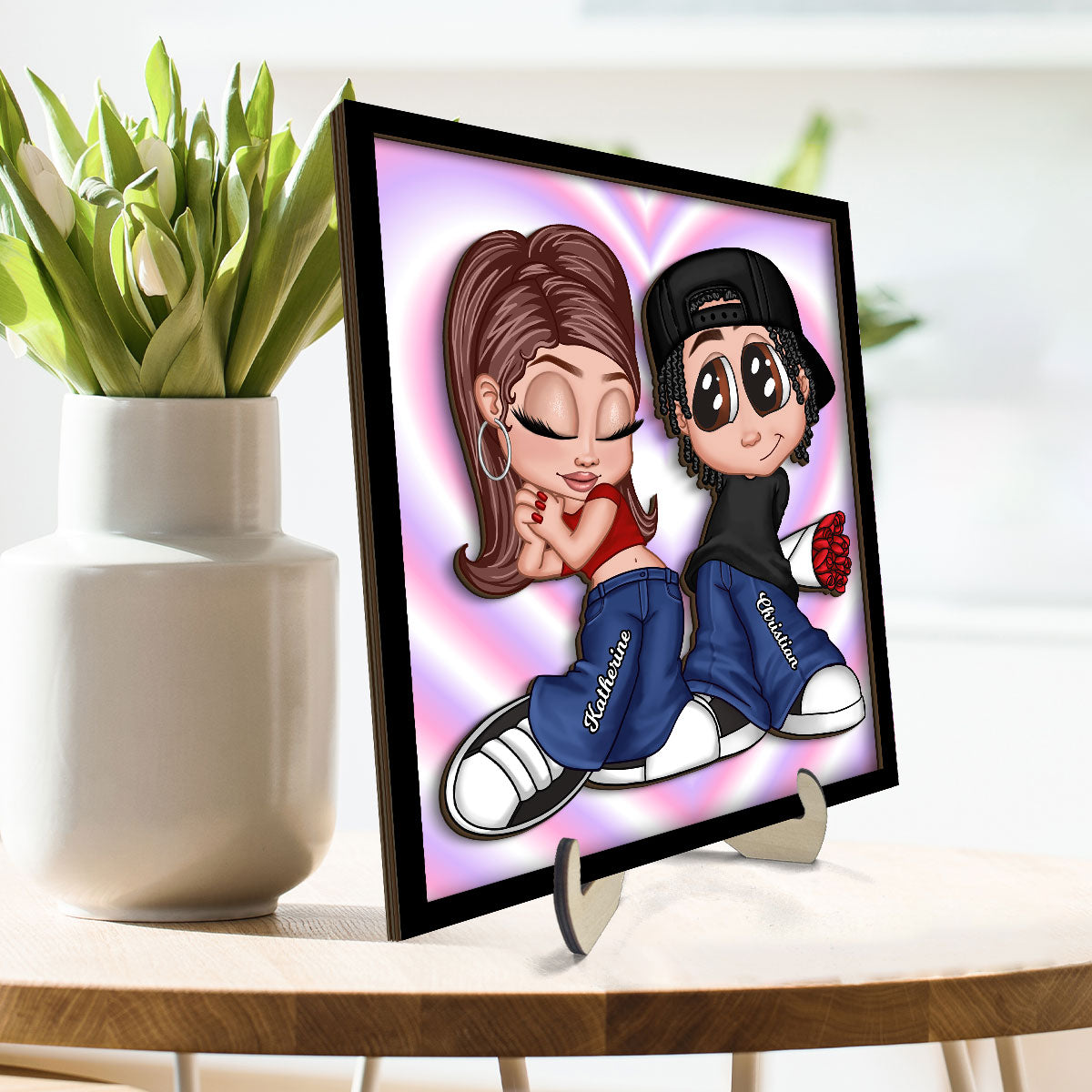 Y2K Couple Background Personalized 2-layer Wooden Plaque, Gift For Him, For Her