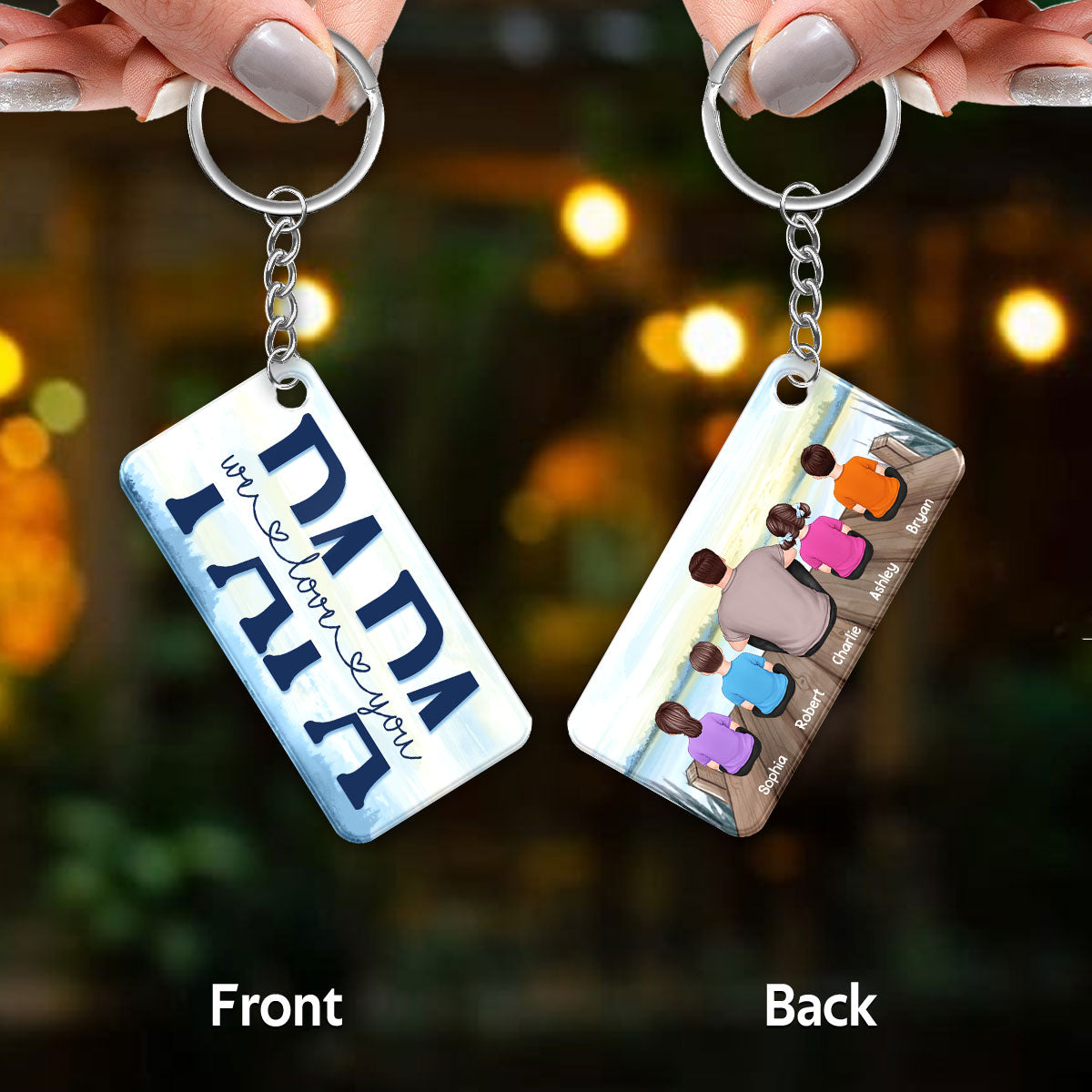 Papa And Kids Sitting Back View Lake Personalized Acrylic Keychain