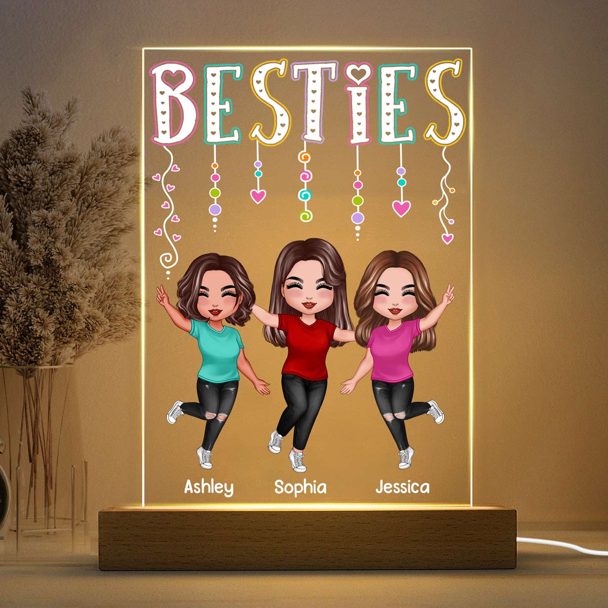 Hearts Strings Happy Doll Besties Sisters Personalized Rectangle Acrylic Plaque LED Night Light