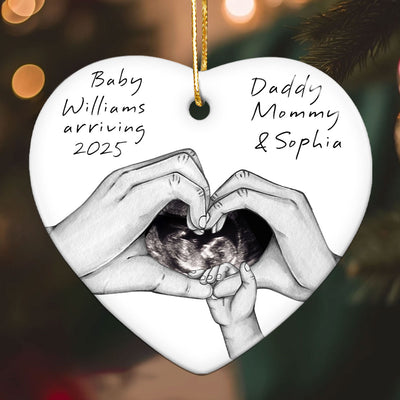 Pregnancy Baby Bump Christmas Tree Decoration, Last Christmas as a Family of 3, Baby Scan Photo Ceramic Ornament, Baby Arriving Next Year