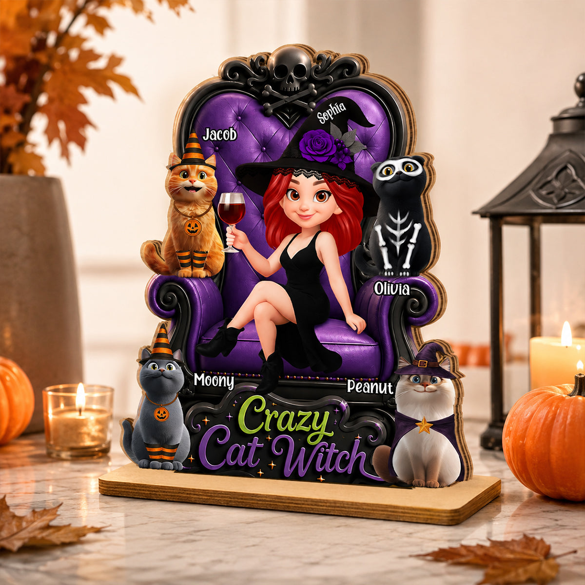 Crazy Cat Witch Halloween - Personalized 2-Layered Wooden Plaque - Halloween Decor for Cat Lovers