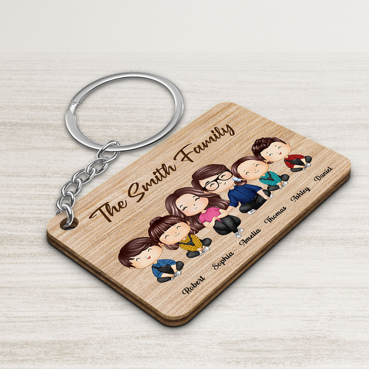 Whole Doll Watercolor Style Family Couple Dad Mom Kids Dogs Cats Sitting Personalized Wooden Keychain