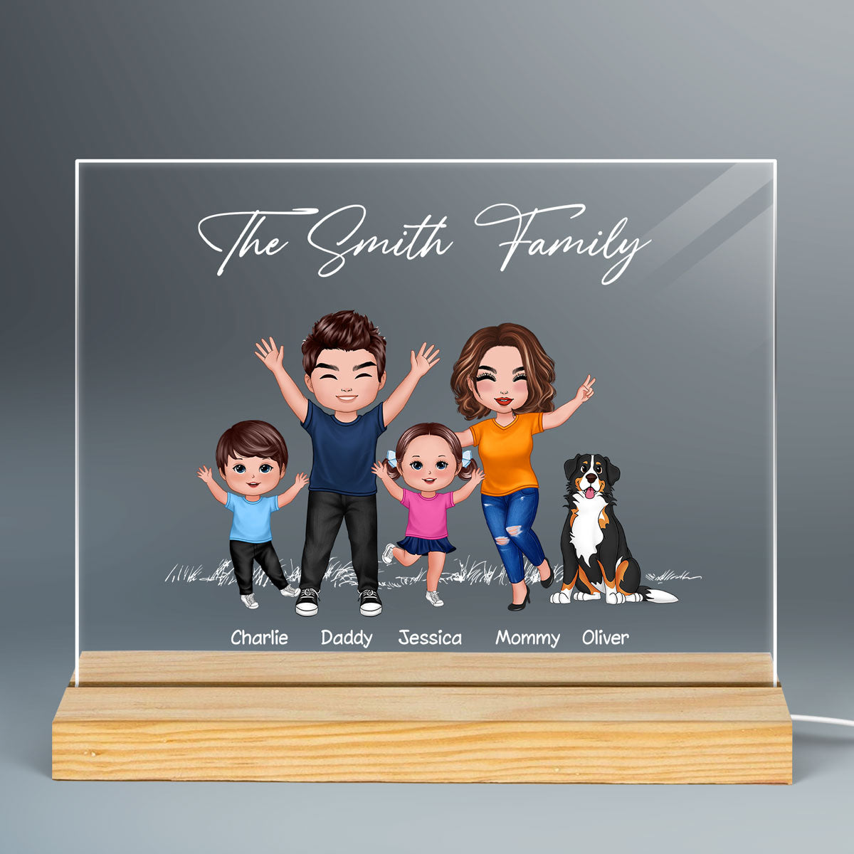 Happy Doll Family Couple Kid Dog Cat Personalized Custom Shaped Acrylic Plaque With LED Night Light