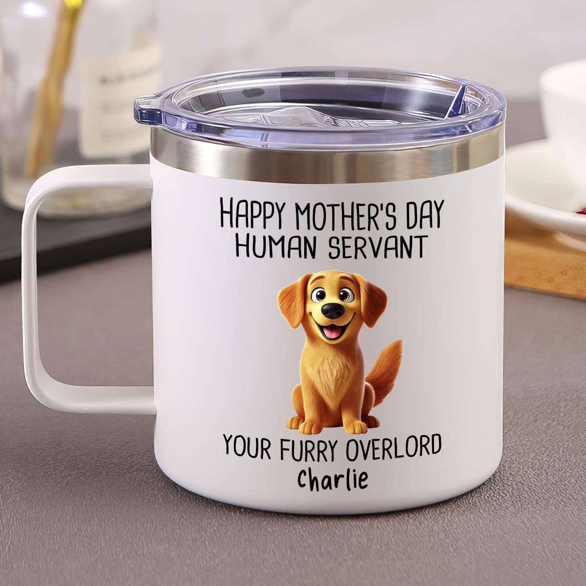 Happy Mother's Day Human Servant 3D Effect Cartoon Dogs Personalized Stainless Steel Tumbler With Handle