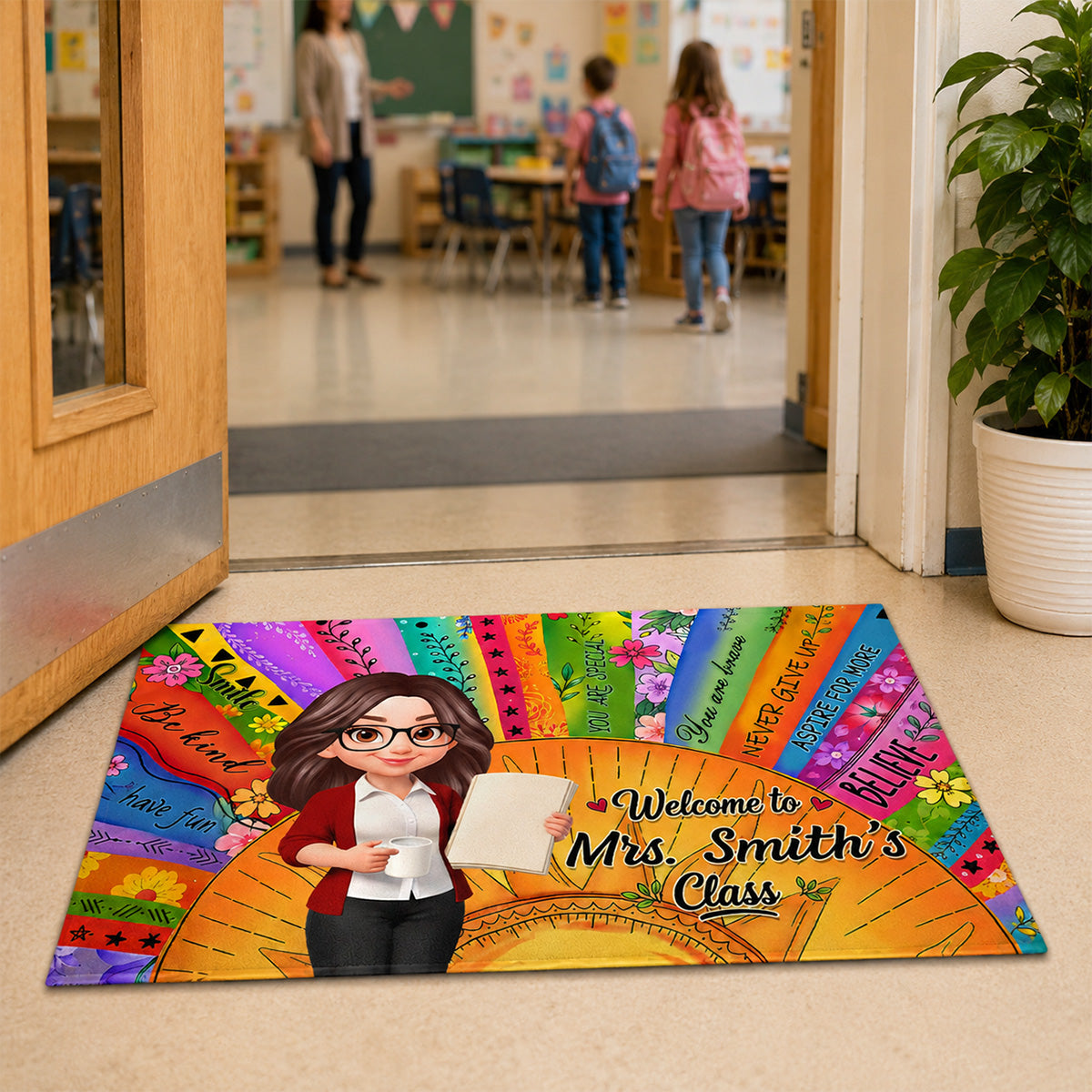 Welcome To Teacher Classroom Boho Sun Colorful Message - Personalized Doormat - Back To School Gift For Teacher