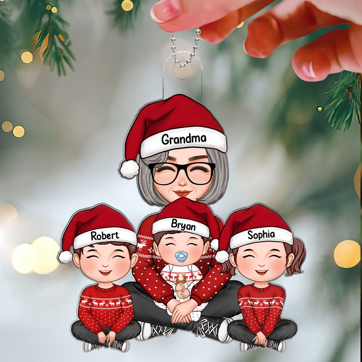 Grandma & Grandkids Cute Sitting Crossed Legs Personalized Acrylic Ornament