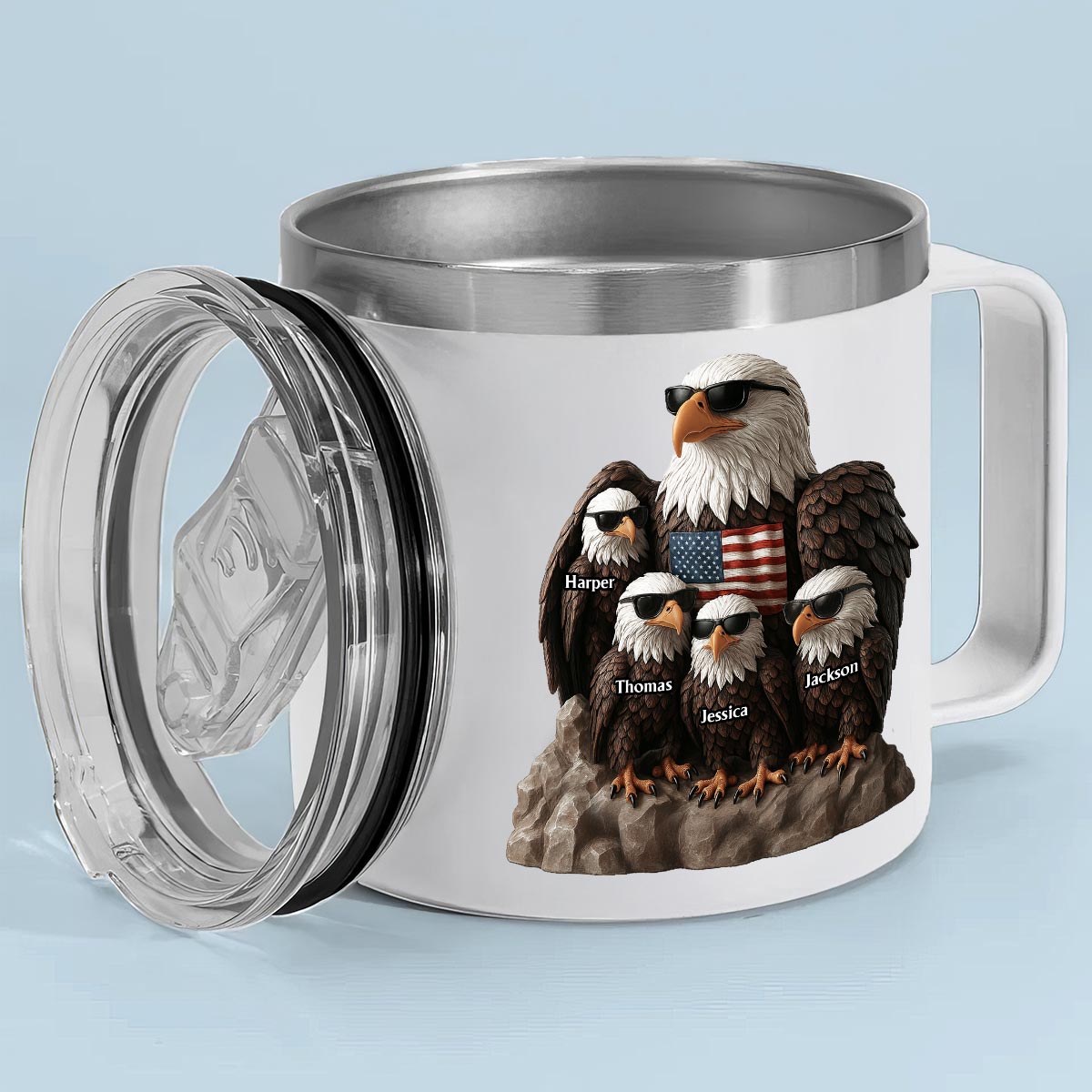 Patriotic Eagle Grandpa Dad & Kids 3D Effect Personalized Stainless Steel Tumbler With Handle