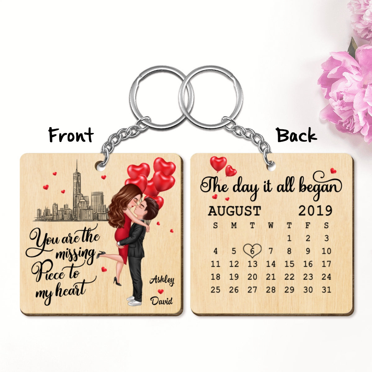 The Missing Piece To My Heart Doll Couple Hugging Kissing Gift For Him For Her Personalized Wooden Keychain