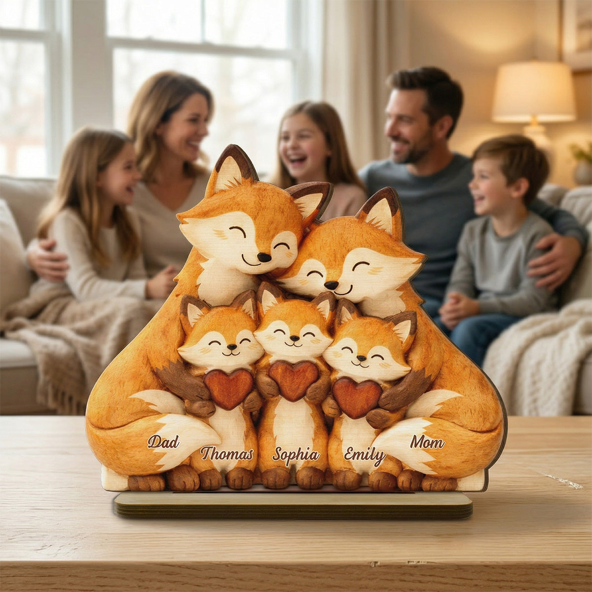 Cozy Fox Family - Personalized 2-Layered Wooden Plaque - Mother's Day Gift For Mom, Woodland Animal Decor