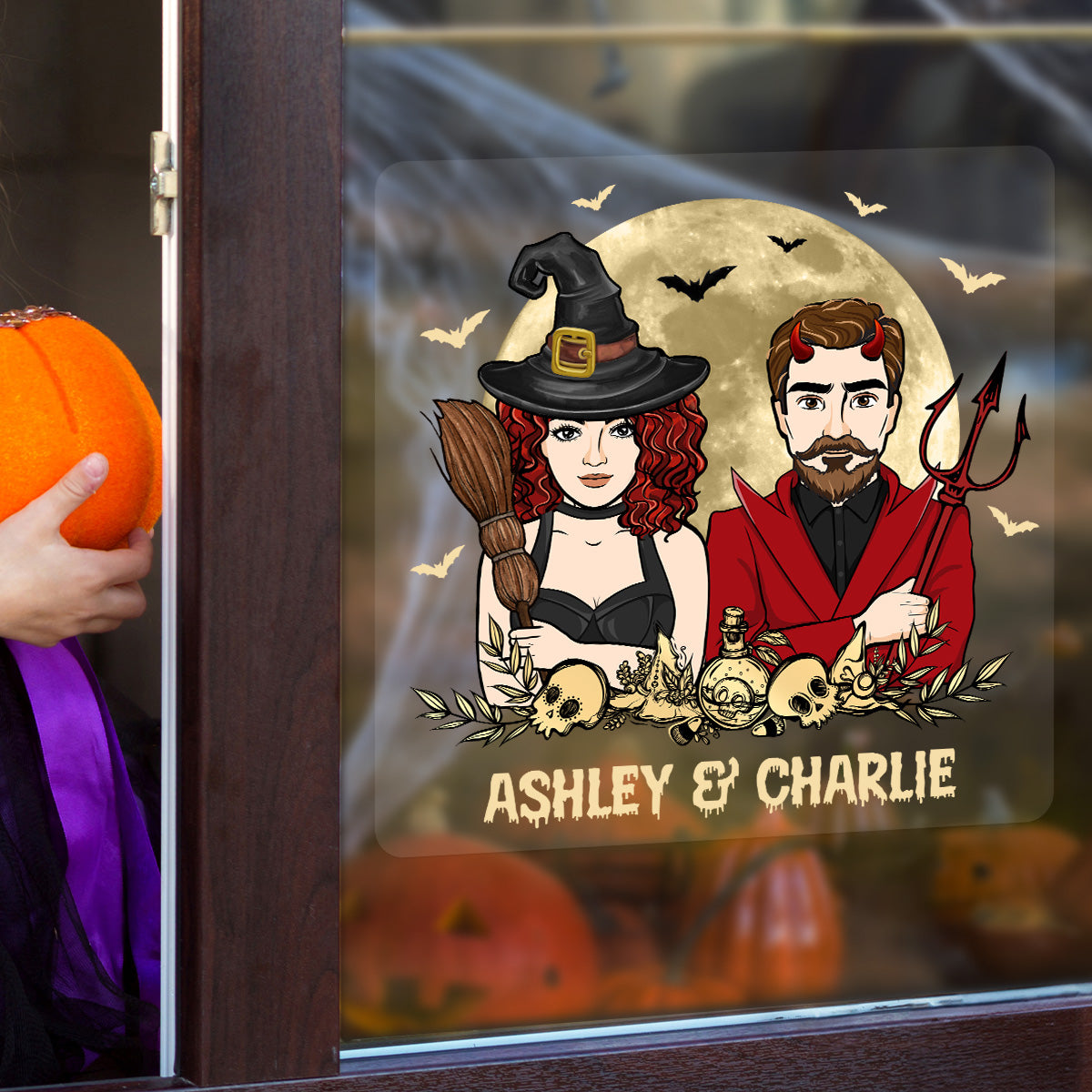 Halloween Couple Witch And Devil Personalized Decal, Halloween Decor