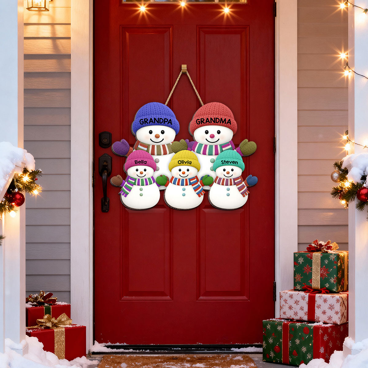 Christmas Grandma Grandpa And Grandkids Snowman Together - Personalized Wood Sign