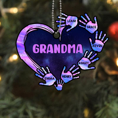 Grandma Mom Heart Handprint Purple Galaxy Personalized Acrylic Ornament