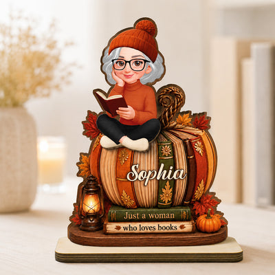Girl Reading Book On Fall Book Pumpkin 2D Flat - Personalized 2-Layered Wooden Plaque - Fall Season Decor For Book Lover