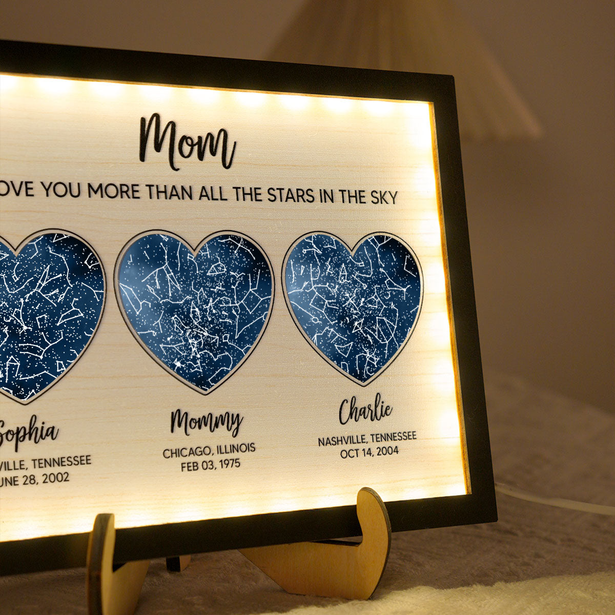 Mom We Love You More than All the Stars in the Ky, Custom Star Map by Location & Date, Personalized 2-Layered Wooden Plaque with LED, Gift for Mom from Daughter, Son, Heartfelt Gift