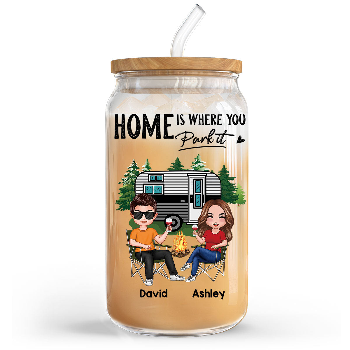 Doll Couple Camping Personalized Clear Glass Can