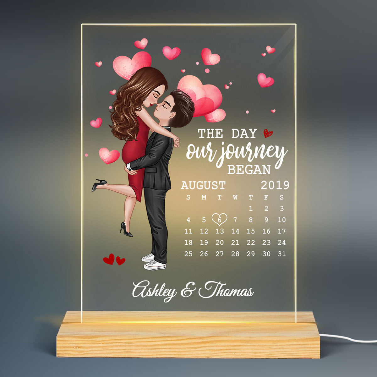 Doll Couple Hugging Kissing Calendar Anniversary Date Personalized Rectangle Acrylic Plaque With LED Night Light - Anniversary Gift For Couple - Gift For Him, Gift For Her