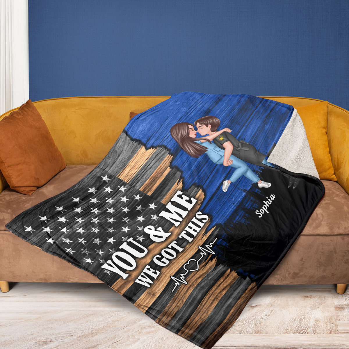 Hero Couple Hugging Kissing Half Flag Gift by Occupation Gift For Her Gift For Him Personalized Fleece Blanket