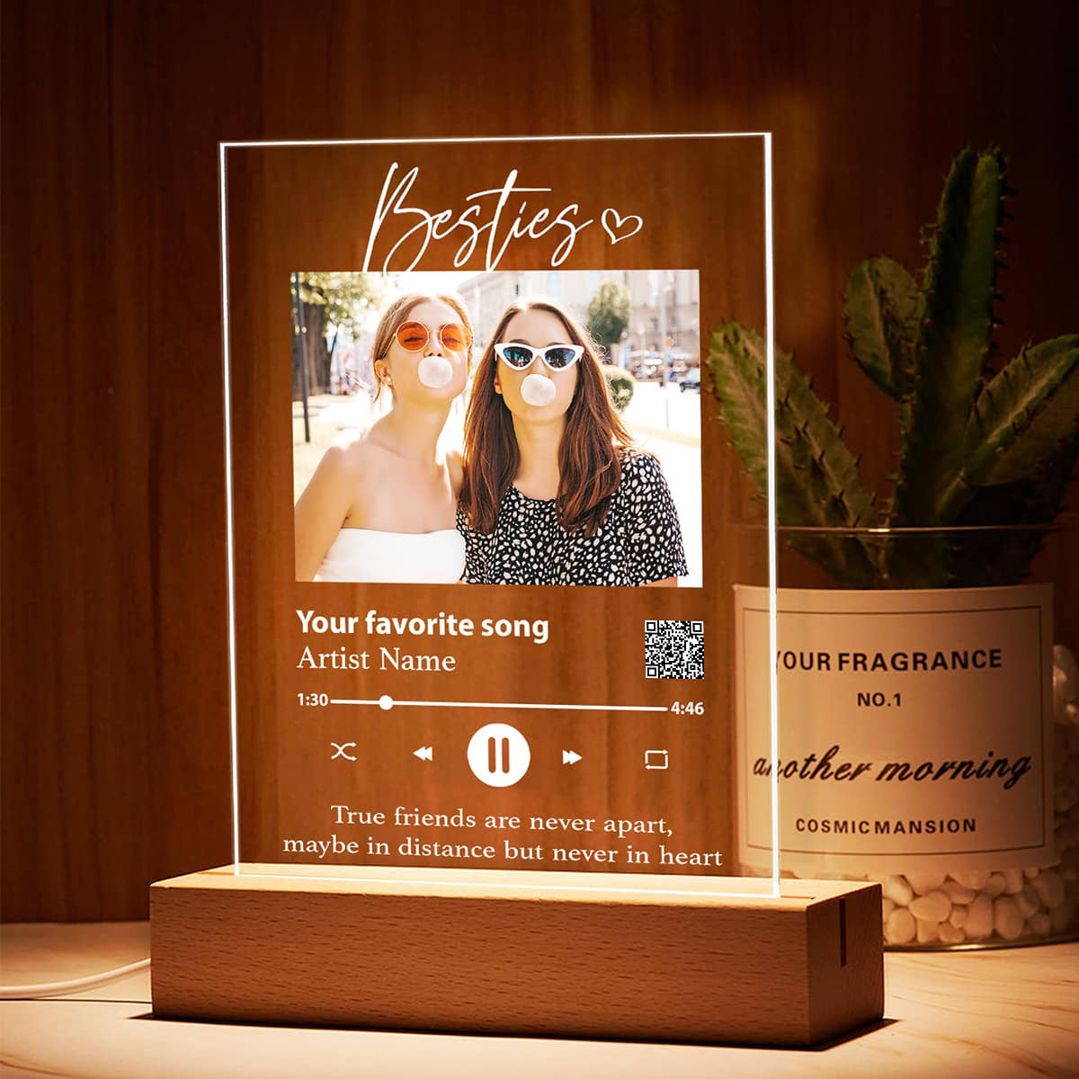 Besties Sisters Custom Photo With Scannable QR Code Favorite Song Personalized Rectangle Acrylic Plaque With LED Night Light - LED Lamp