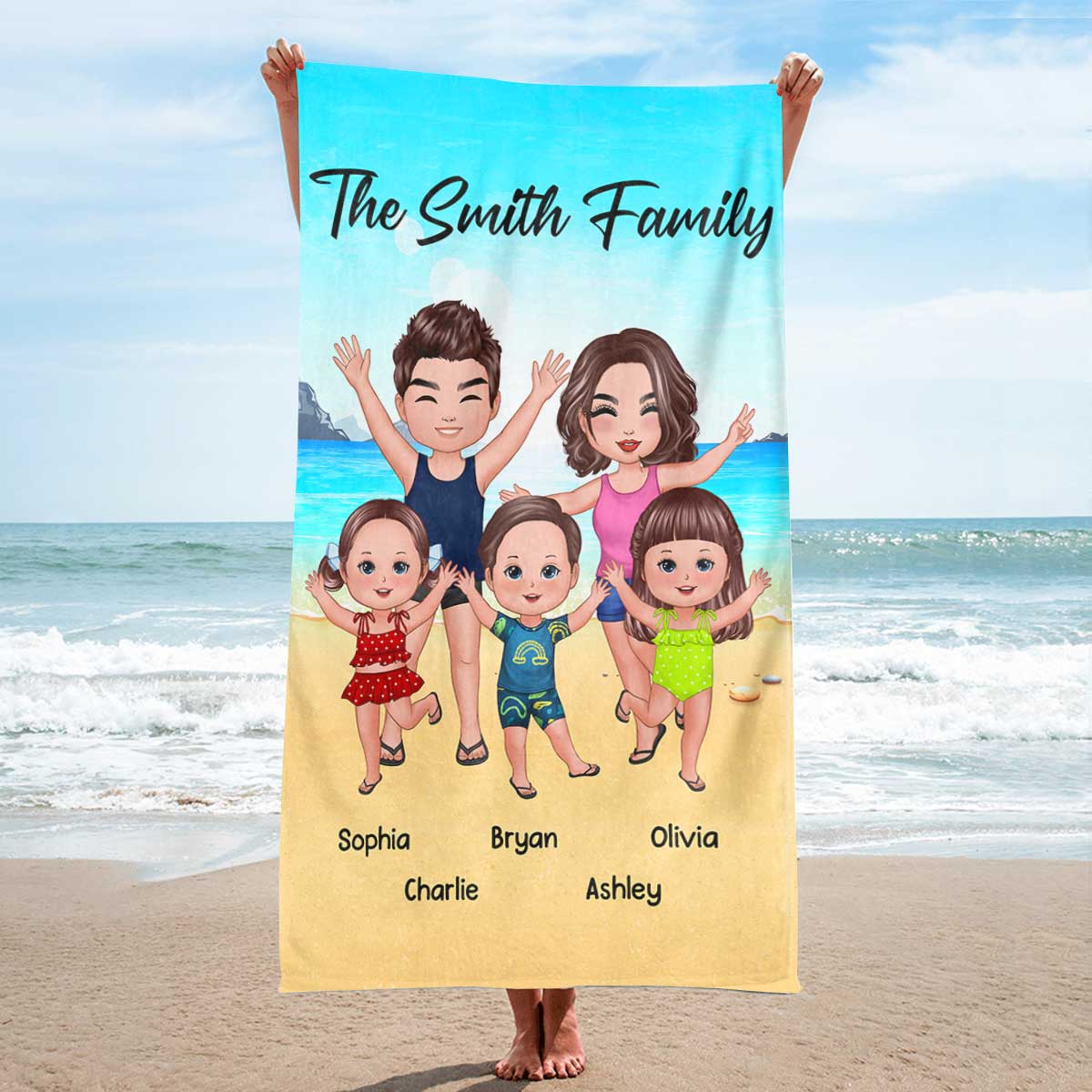 Whole Family Couple Dad Mom Kids Dogs Cats On The Beach Personalized Beach Towel
