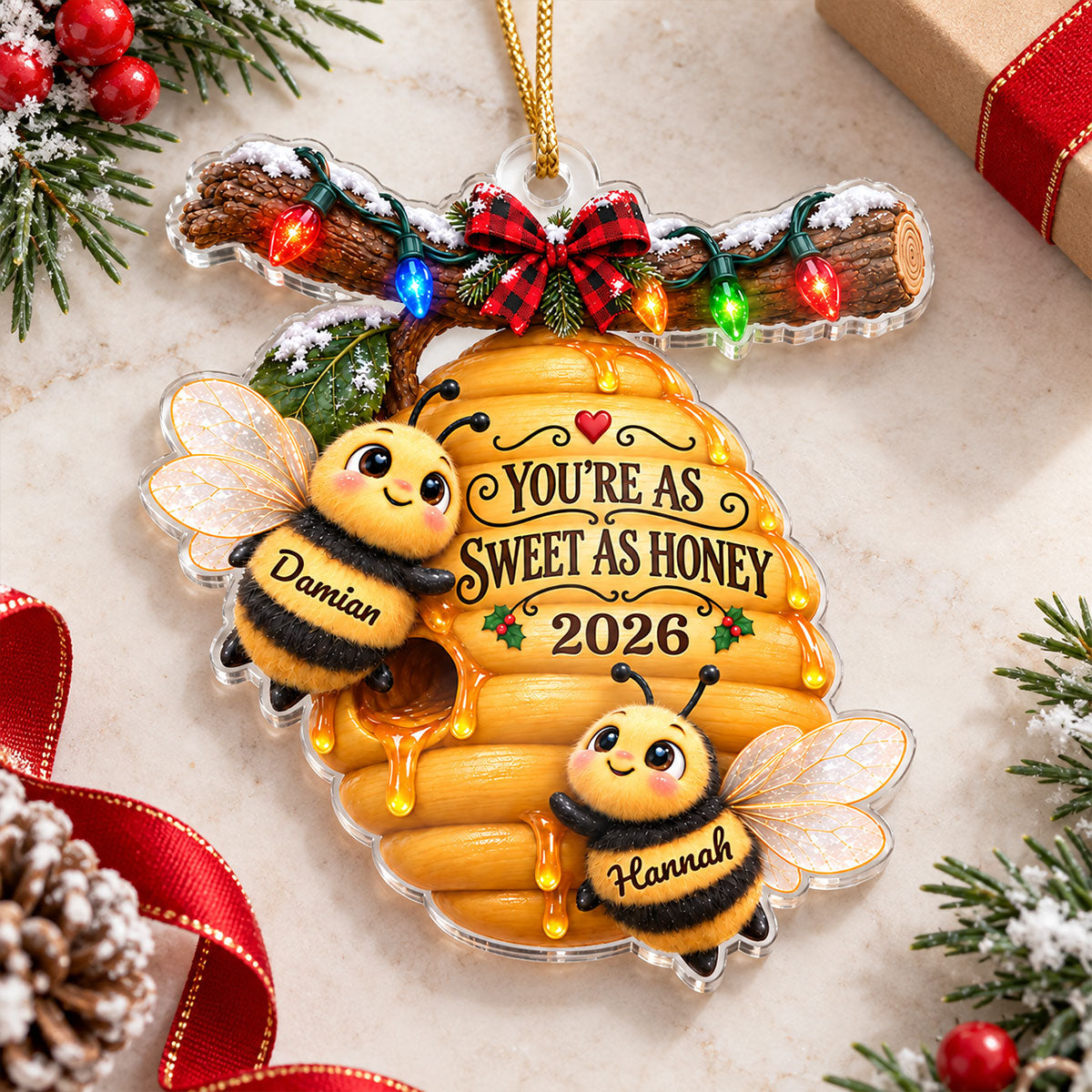 Couple Bees Hive 2D Flat - Personalized Acrylic Ornament - Christmas Gift For Couples, Gift For Her, Gift For Him