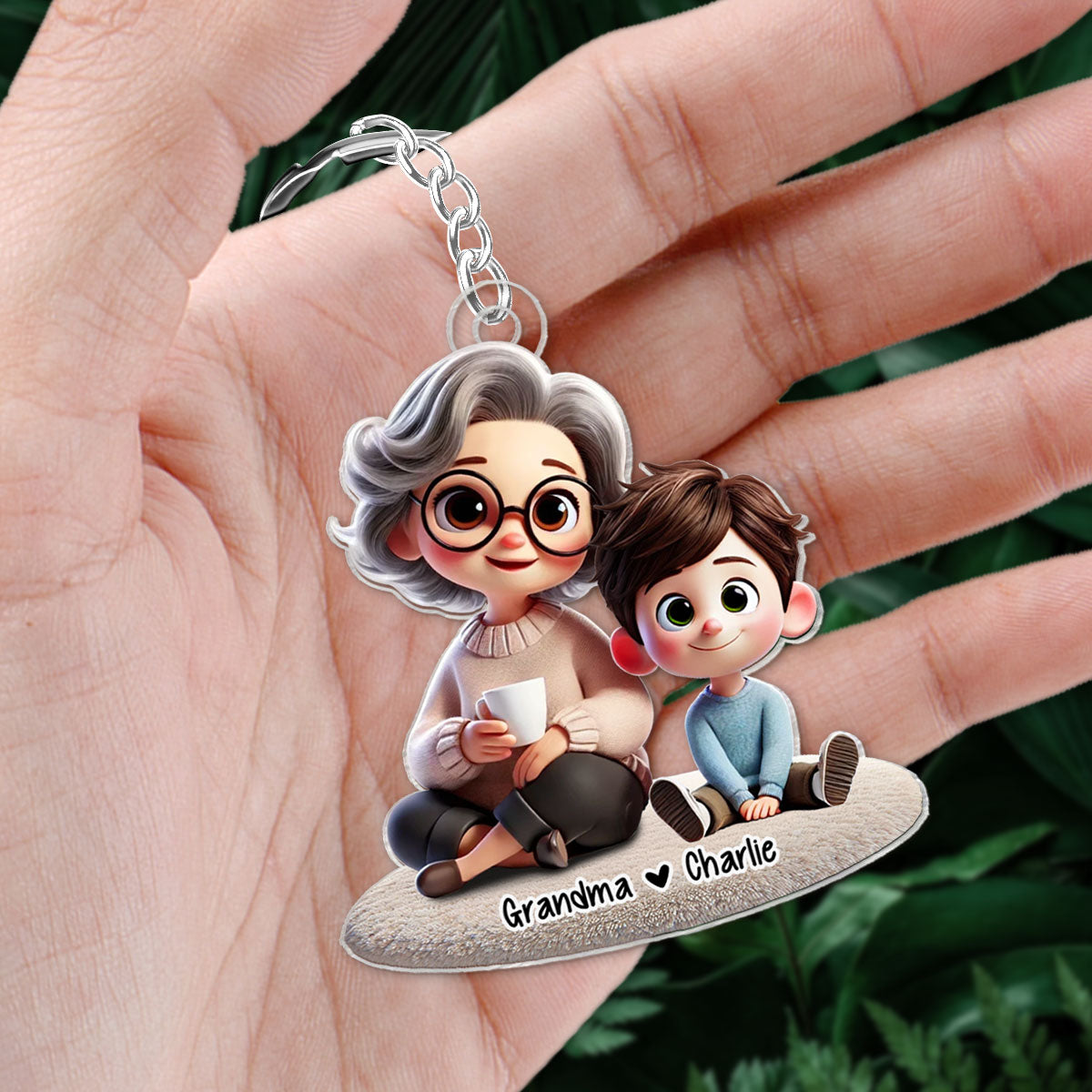 Happy Grandma & Grandkid Sitting Personalized Acrylic Keychain, Perfect 2025 Gift For Mom, For Grandma