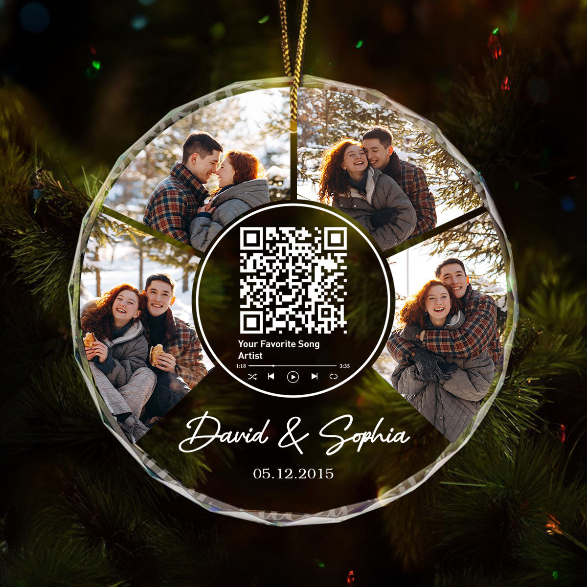 Couple Photo Custom Song Scannable QR Code, Personalized Glass Ornament