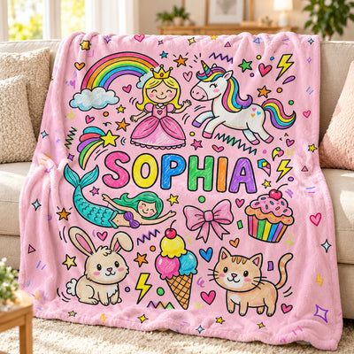 Kid's Favorite Things Custom Name - Personalized Fleece Blanket - Custom Name & Favorite Things Blanket for Kids