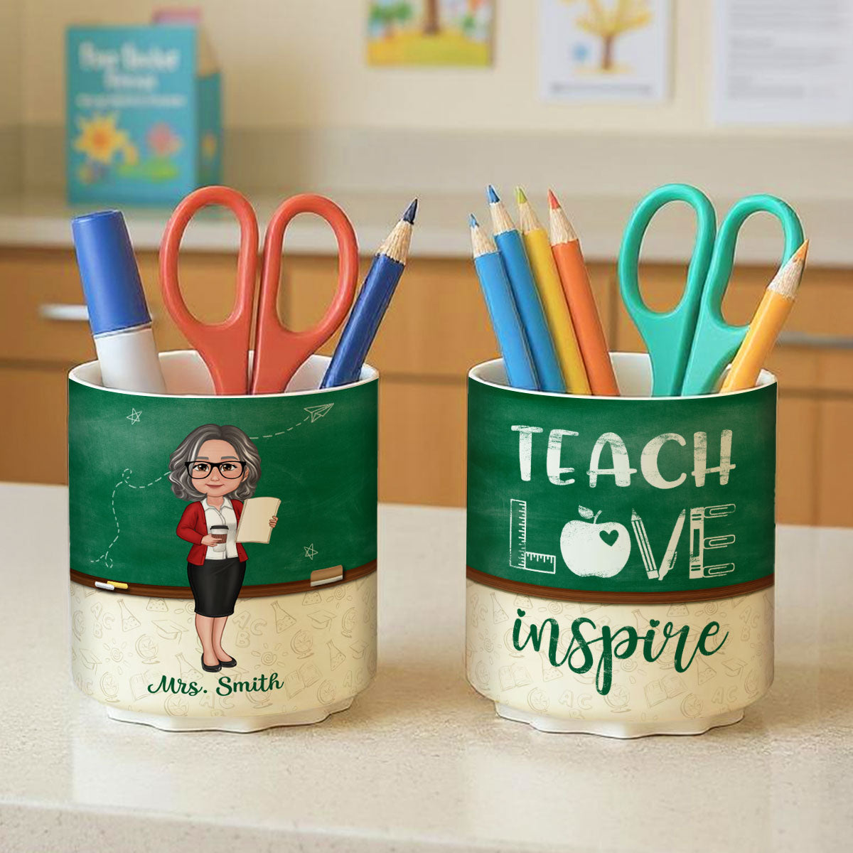 Green Board Teach Love Inspire Personalized Rotating Pen Holder, Teacher Appreciation Gift, Back To School Gift