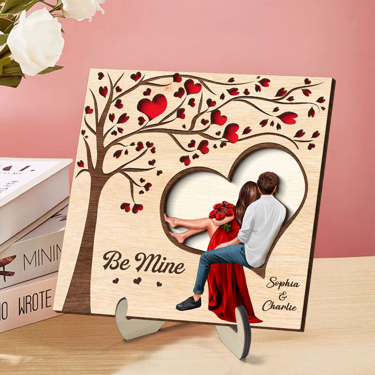 Couple Heart Tree Engraved Personalized 2-Layer Wooden Plaque, Valentine‘s Day Gift, Anniversary Gift For Him, For Her