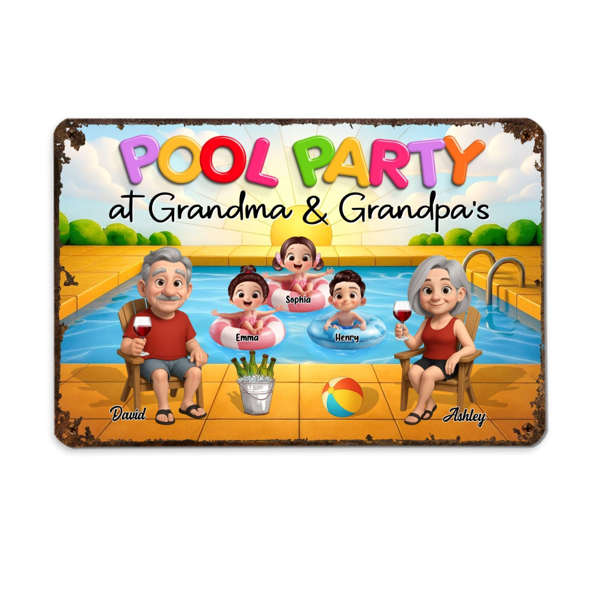Pool Party At Grandma Grandpa Personalized Metal Sign, Grandparents Hosting Grandkids