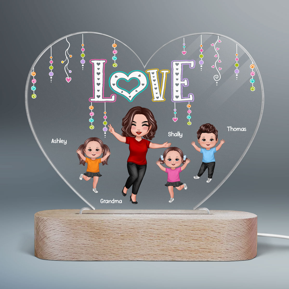 LOVE Happy Doll Grandma Mom With Kids Personalized Heart Acrylic Plaque LED Night Light