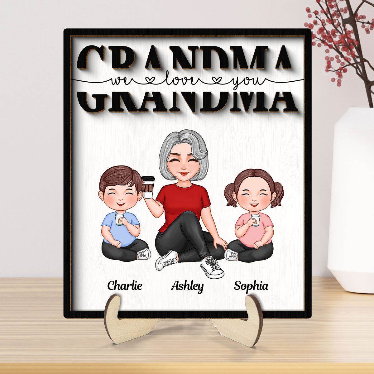 Grandma Mom Auntie Kids Sitting We Love You Mother‘s Day Gift Personalized 2-Layer Wooden Plaque