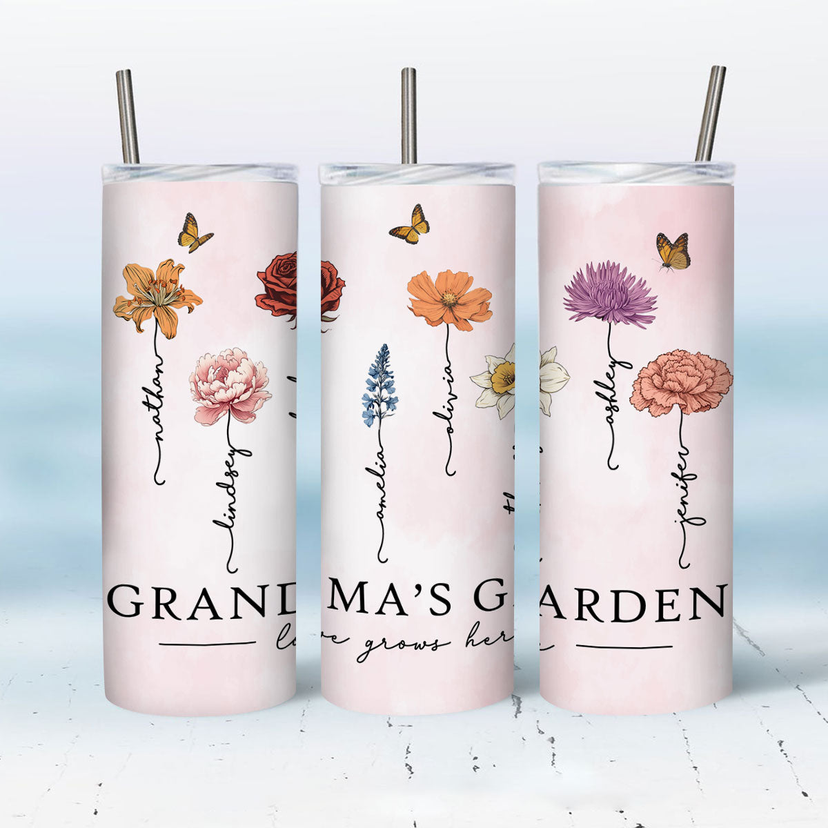 Grandma‘s Garden Love Grows Here Beautiful Birth Month Flower Gift For Grandma Mom Personalized Skinny Tumbler