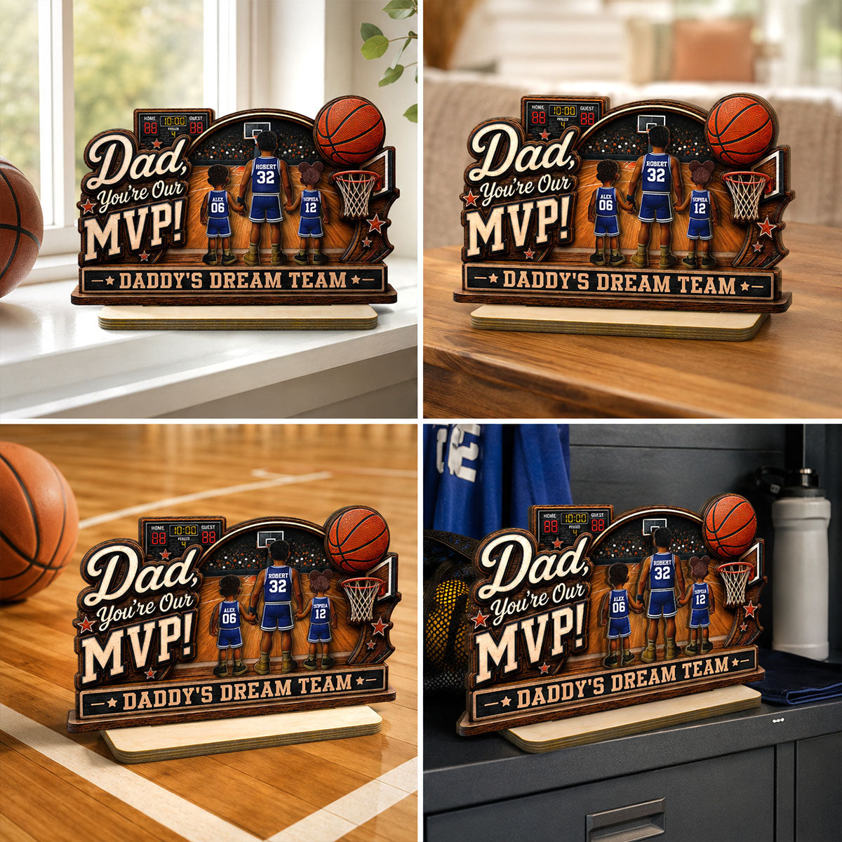 Dad You Are Our MVP Standing Basketball Man & Kids 2D Flat - Personalized 2-Layered Wooden Plaque - Father's Day Gift For Basketball Dad