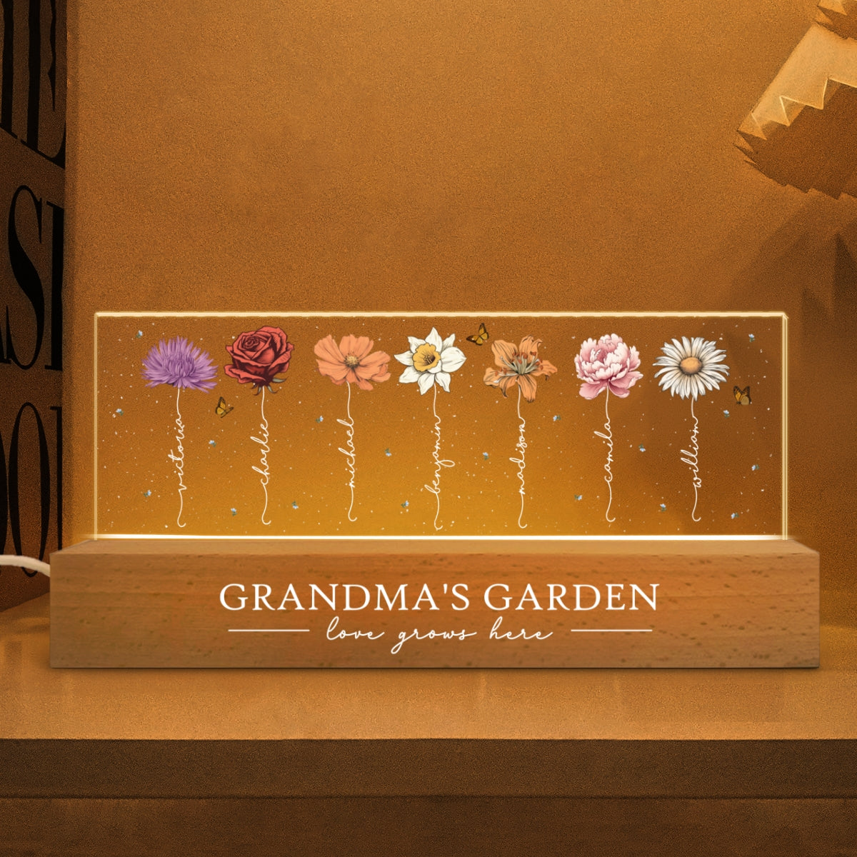 Grandma‘s Garden Birth Month Flowers - Personalized Acrylic Block Plaque LED Night Light - Christmas Gift For Grandma, Mom, Auntie, Sister