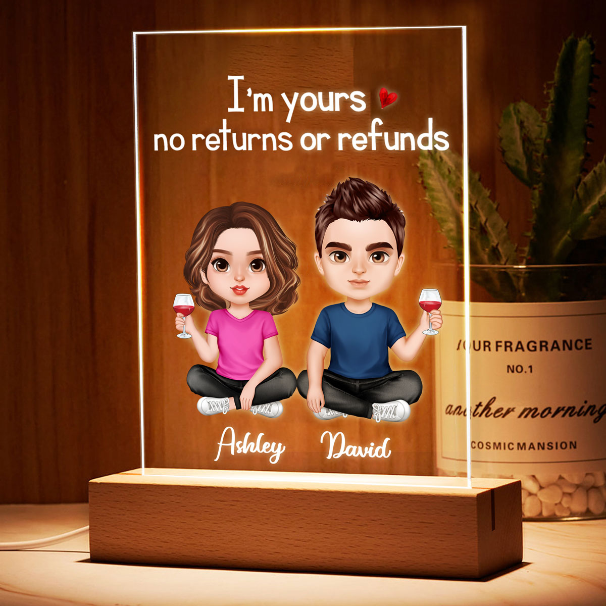 Doll Couple Sitting Realistic Gift For Him Gift For Her Personalized Rectangle Acrylic Plaque LED Lamp Night Light