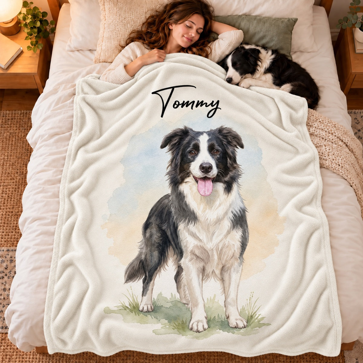 Custom Dog Cat Watercolor Portrait from Photo - Personalized Fleece Blanket - Christmas Gift for Dog Lovers, Memorial Gift