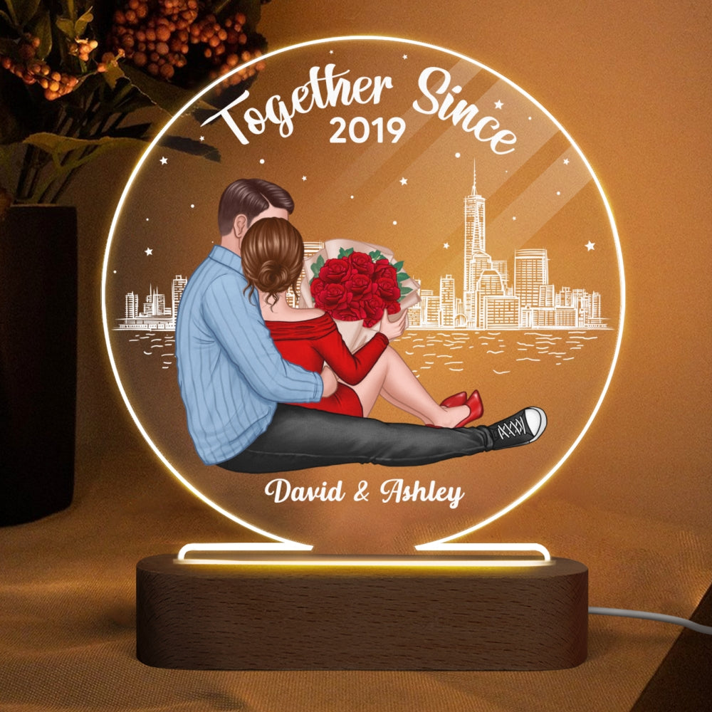 Couple Sitting Together Under Stars Personalized Circle Acrylic Plaque With LED Night Light - Valentine‘s Day Gift, Anniversary Gift For Her - Gift For Him