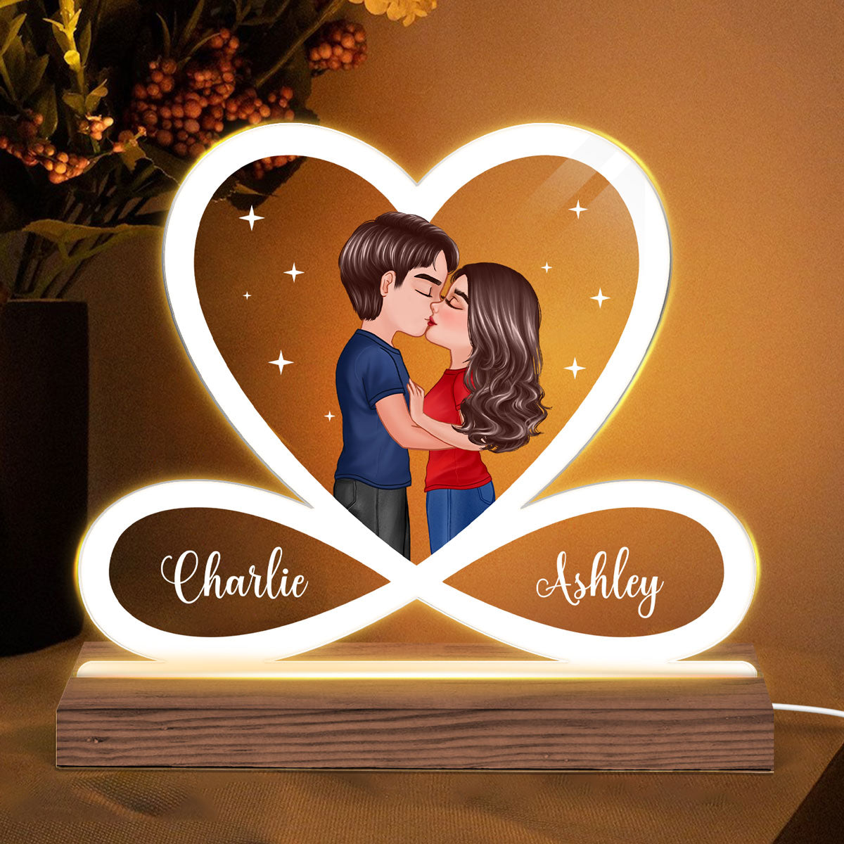 Infinity Heart Couple Kissing Personalized Custom Shape Acrylic Plaque With LED Night Light - Anniversary Gift For Couple - Gift For Him Gift For Her