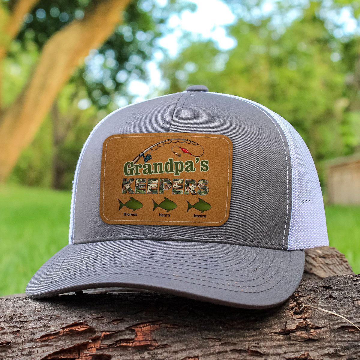Grandpa‘s Keepers Fishing Camouflage Personalized Leather Patch Hat