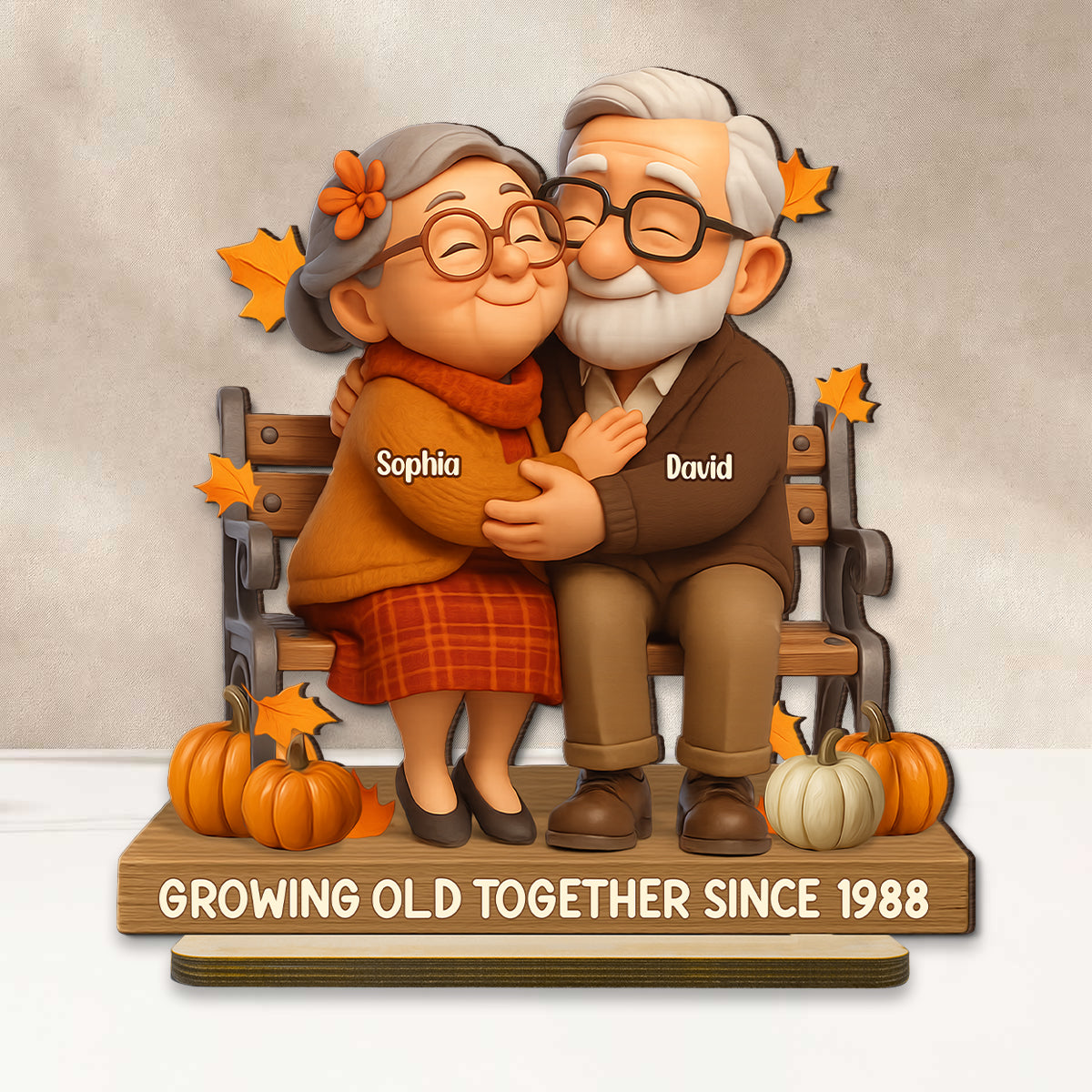 Old Couple Sitting Hugging Personalized Standing Wooden Plaque, Fall Decor for Couples