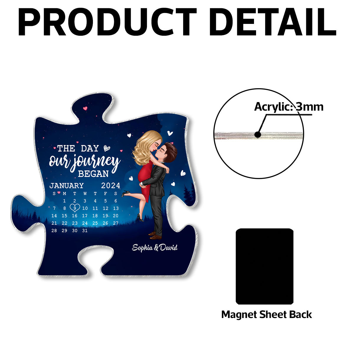 The Day Journey Began Couple Hugging Kissing Anniversary Calendar Keepsake Puzzle Shaped Personalized Acrylic Fridge Magnet