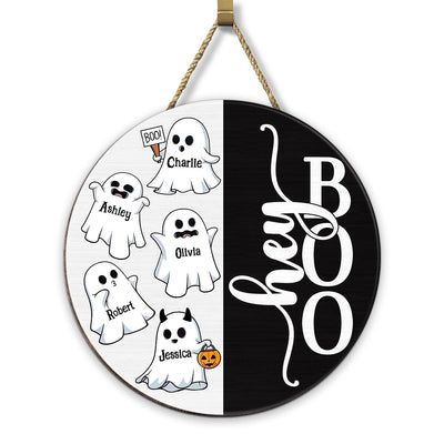 Hey Boo Halloween Family Personalized Wood Sign, Door Hanger, Halloween Decor
