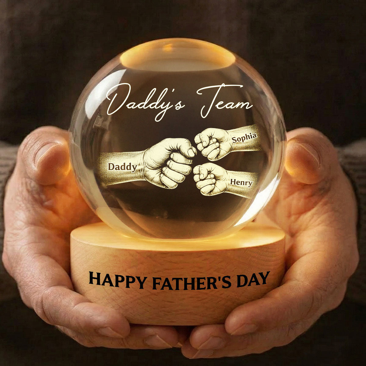 Daddy's Team Fist Bump - Personalized Crystal Ball LED Night Light - Father's Day Gift For Dad, Husband