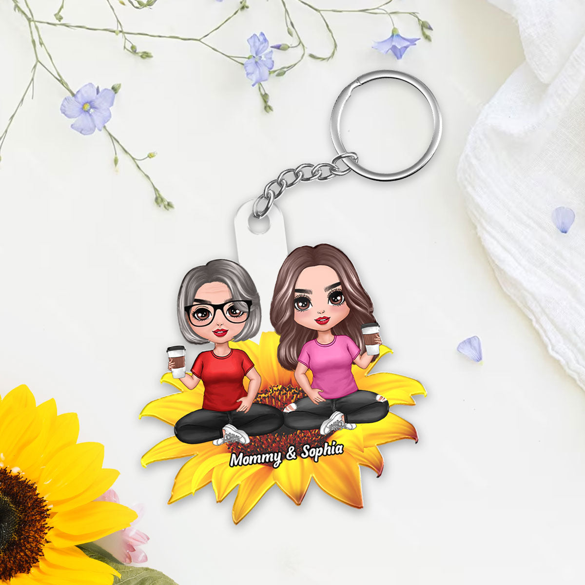 Mom Daughters Sons Sitting On Flower Personalized Acrylic Keychain