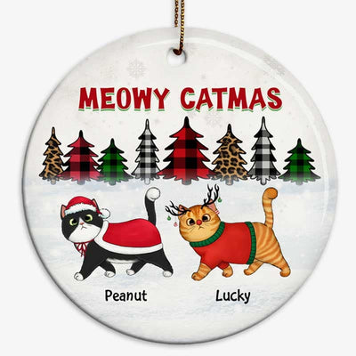 Christmas Tree Buffalo Plaid and Leopard Cheetah Fluffy Cat Personalized Circle Ornament