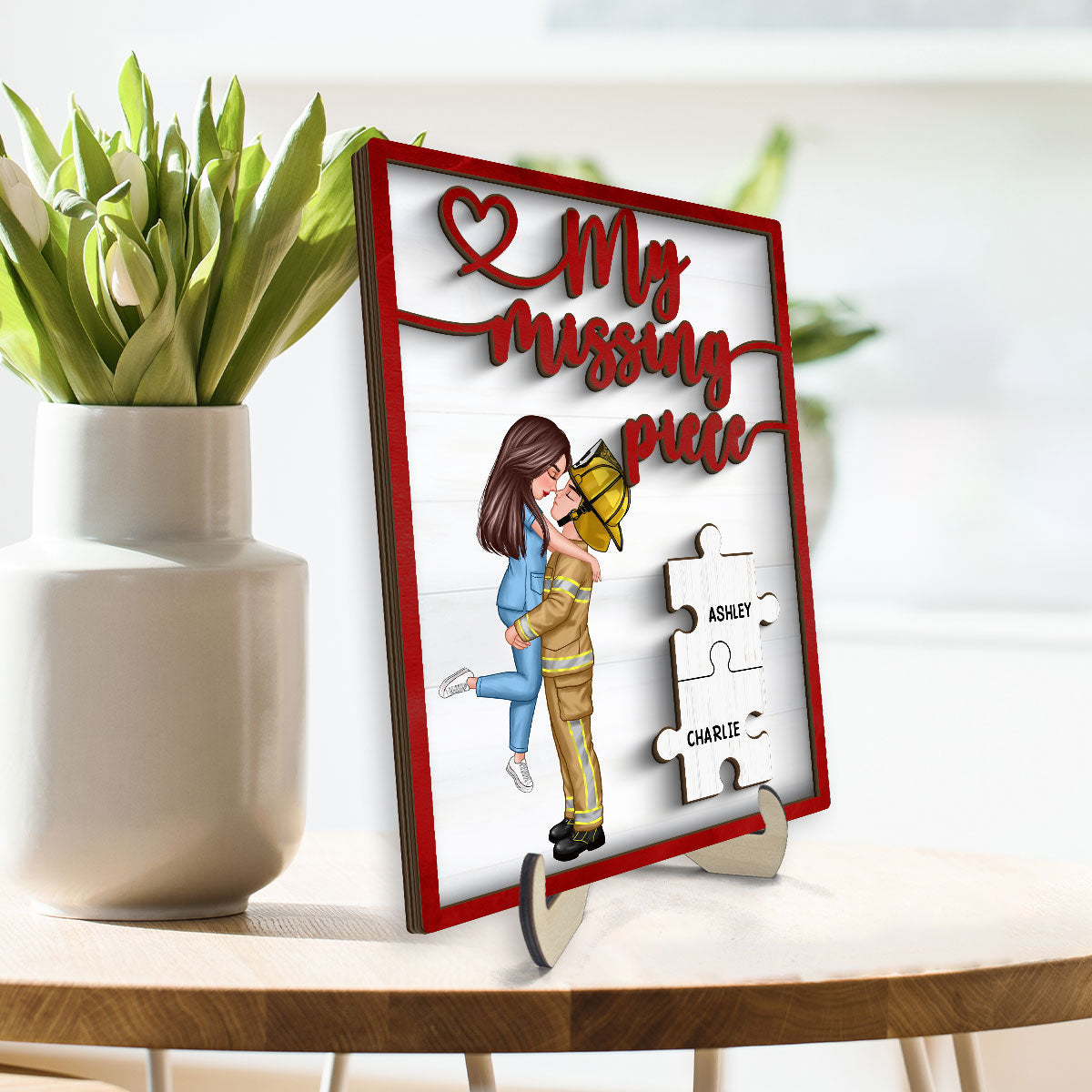 My Missing Piece Couple Hugging Kissing Red Valentine‘s Day Gift by Occupation Gift For Her Gift For Him Personalized 2-Layer Wooden Plaque