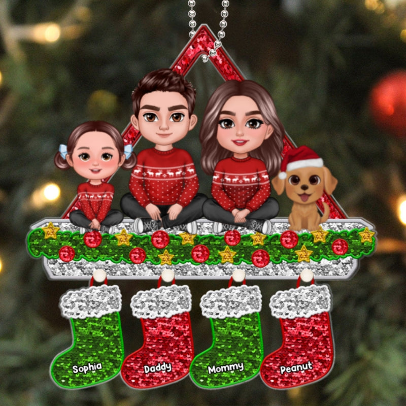 Faux Sequins Family Christmas Stocking Personalized Acrylic Ornament